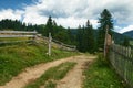 Dirt road and ranch, beautiful summer landscape, spruces on hills, cloudy sky and wildflowers - travel destination scenic, Royalty Free Stock Photo