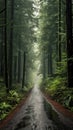 Dirt road in the redwood forest. Generative AI Royalty Free Stock Photo