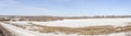 Panorama of a wild field located on the edge of a birch forest photographed in early spring.