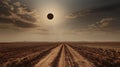 A dirt road stretches towards the horizon, with a total solar eclipse visible in the sky above Royalty Free Stock Photo