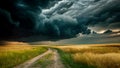 A dirt road stretches through a vast field under a cloudy sky, creating a sense of openness and possibility, Oncoming storm over