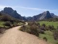 Dirt road to mountains with green grass meadows and blue sky Royalty Free Stock Photo