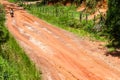Dirt road track with bare earth red uneven imperfect surface with visible vehicle tire track marks and motorcyclist riding.