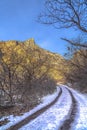 Dirt road trail with tire track and snow in winter in Provo Canyon mountain