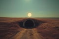 A dirt road ventures into a tunnel nestled within a vast field surrounded by natures ruggedness, A softly lit tunnel standing