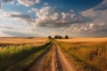 Dirt road through wheat field and blue sky with clouds at sunset Generative AI Royalty Free Stock Photo