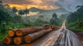 A dirt road winds through a lush jungle with a stack of logs on the side, showcasing the environmental impact of logging Royalty Free Stock Photo