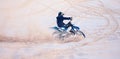 Dirt, sand or athlete driving motorbike for action, adventure or fitness with performance or adrenaline. Nature, dust or Royalty Free Stock Photo