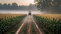 Dirt trail between rows of corn with low mist and tractor silhouette near tree line Royalty Free Stock Photo