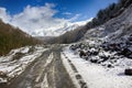 Dirt winter road from Black sea coast to Main Caucasus range Royalty Free Stock Photo