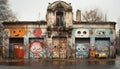 Dirty, abandoned building exterior covered in graffiti, a cityscape of chaos generated by AI