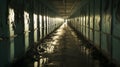 Dirty abandoned corridor with shabby walls and puddles illuminated by sunlight