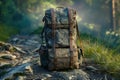 A dirty backpack is sitting on a rocky path. Generative AI