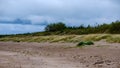 Dirty beach by the sea with storm clouds above in calm evening Royalty Free Stock Photo