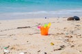 Dirty beaches.Caused by the dumping of undisciplined. Pollution on the beach of tropical sea. Environmental pollution. Children`s Royalty Free Stock Photo