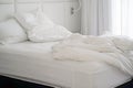 Dirty bed in the hotel. Dirty bed pillow blanket room. Royalty Free Stock Photo