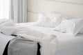 Dirty bed in the hotel. Dirty bed pillow blanket room. Royalty Free Stock Photo