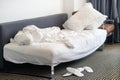 Dirty bed in the hotel. Dirty bed pillow blanket room. Royalty Free Stock Photo