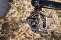 Dirty bicycle pedal in close-up