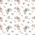 Watercolor seamless pattern with dirty bikes, tire tracks, mud, helmet, wheel on white background Royalty Free Stock Photo
