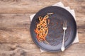 Dirty black plate with leftovers on wooden table, top view