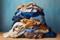 Dirty blue fabric laundry pile clean jeans textile retail different cloth stack shop background