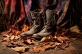 dirty boots with fallen leaves on a coir mat