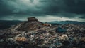 Dirty bulldozer unloading garbage heap at polluted landfill site generated by AI