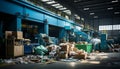 Dirty cardboard boxes stack inside a large, unhygienic factory generated by AI