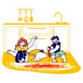 Dirty Children Characters Making Mess at Home. Little Boy and Girl Sitting on Kitchen Floor and Playing with Flour Royalty Free Stock Photo