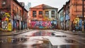 Dirty city life graffiti, architecture, outdoors, building exterior, multi colored generated by AI Royalty Free Stock Photo
