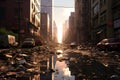 A dirty city street with a puddle of water. Generative AI image.