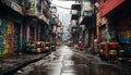Dirty city streets, crowded with graffiti, showcase urban chaos generated by AI