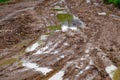 Dirty clay mud crossroads with puddles and tire tracks - close-up with selective focus and linear perspective Royalty Free Stock Photo