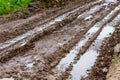 Dirty clay mud road with puddles and tire tracks - closeup with selective focus, diagonal composition Royalty Free Stock Photo