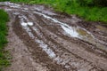 Dirty clay mud road with puddles and tire tracks - closeup with selective focus and linear perspective Royalty Free Stock Photo