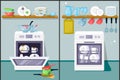 Dirty and clean dishes flat vector illustration