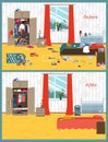 Dirty and clean room. Disorder in the interior. Room before and after cleaning. Flat style vector illustration.