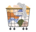 Dirty clothes, apparel heap in basket. Pile of cotton clothing, laundry, dirty textile, fabric Royalty Free Stock Photo