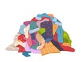 Dirty clothes pile. Messy laundry heap with stains, different soiled smelly apparel, soiled fabric old shorts, t-shirts Royalty Free Stock Photo