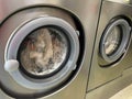 Dirty clothes spinning inside the main doors of two stainless steel industrial washing machines