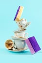 Dirty coffee cups and dish sponges Royalty Free Stock Photo