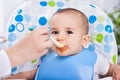 Dirty cute baby enjoy when eating food Royalty Free Stock Photo