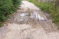 dirty dirt road with puddles and mud in countryside in Thailand Royalty Free Stock Photo