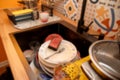 dirty dishes background. Mess kitchen. Blurred. The kitchen is messy, the sink is full of dirty dishes Royalty Free Stock Photo