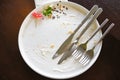 Dirty dishes with cake and knife fork / dirty plate and empty dishes Royalty Free Stock Photo