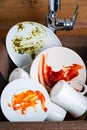 dirty dishes, dirty white plates in the kitchen sink Royalty Free Stock Photo