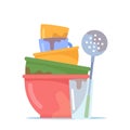 Dirty Dishes Pile, Stack of Bowls or Plates with Water Glass, Skimmer and Cups to Wash, Unhygienic Utensils, Crockery