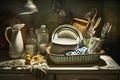 Dirty dishes, rotten lemons and a greasy rag on a worn sink in an old kitchen, made with generative ai Royalty Free Stock Photo