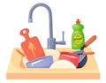Dirty dishes in sink. Cartoon messy kitchen wash Royalty Free Stock Photo